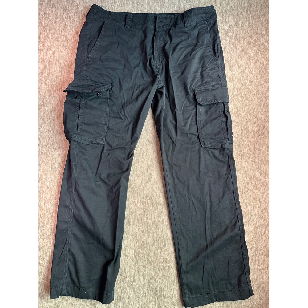 Mens Black Cotton Cargo Pants Straight Leg Multi-Pocket Utility Trousers 38x32